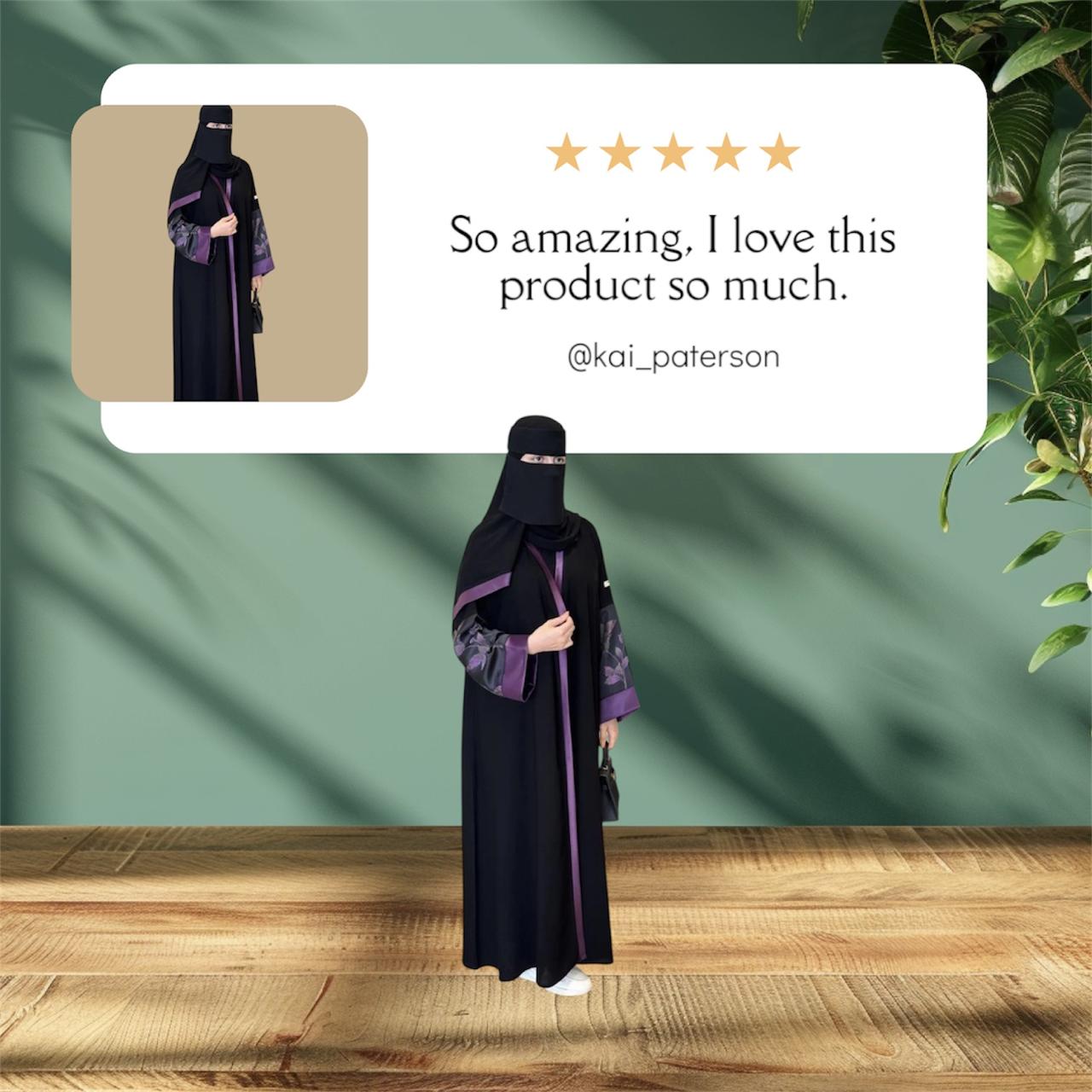 Liara “Elysia” Abaya – Black with Violet Floral Accents