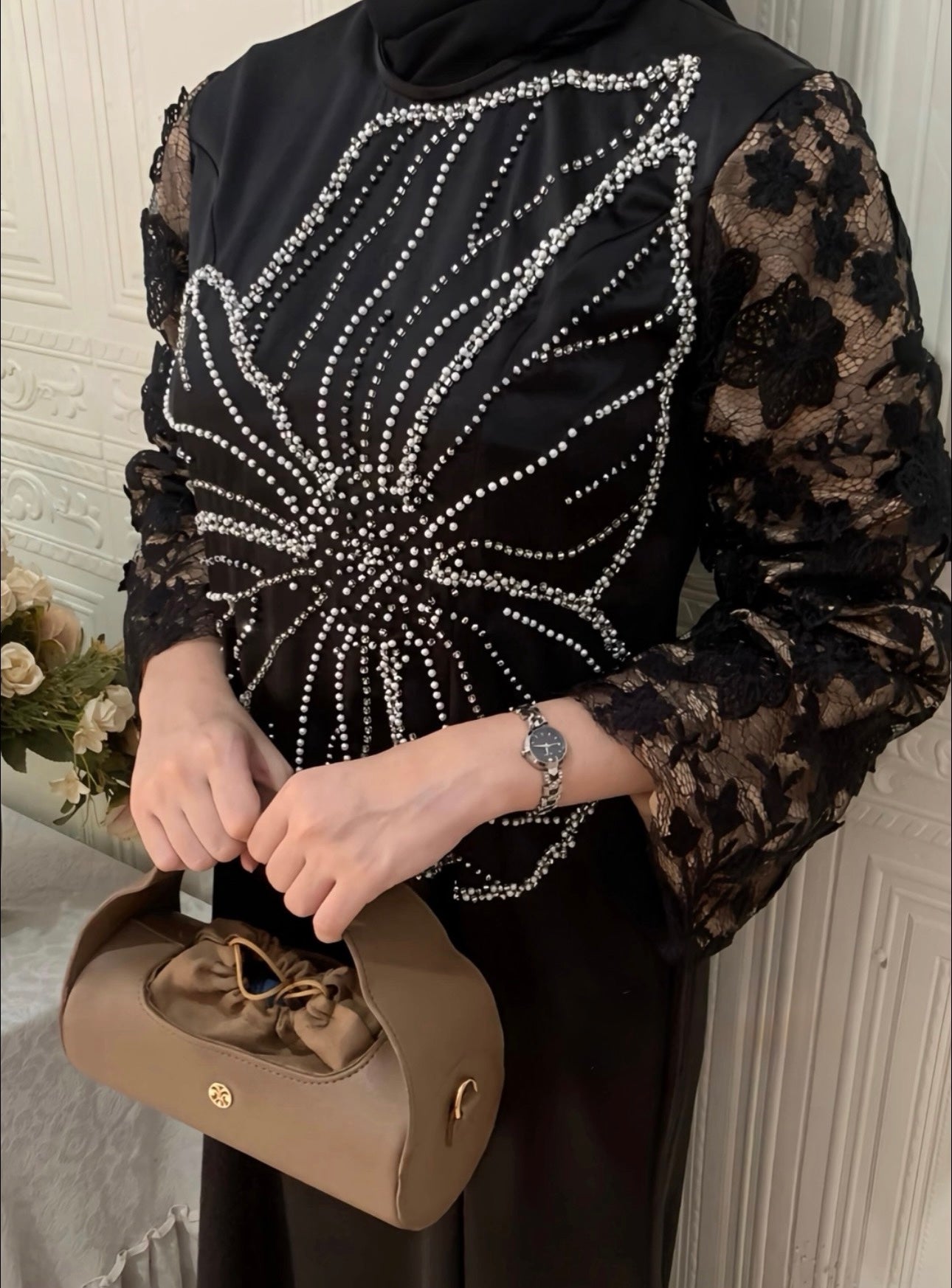 Jazeer Midnight Pearl Bloom Abaya | Liara Collection