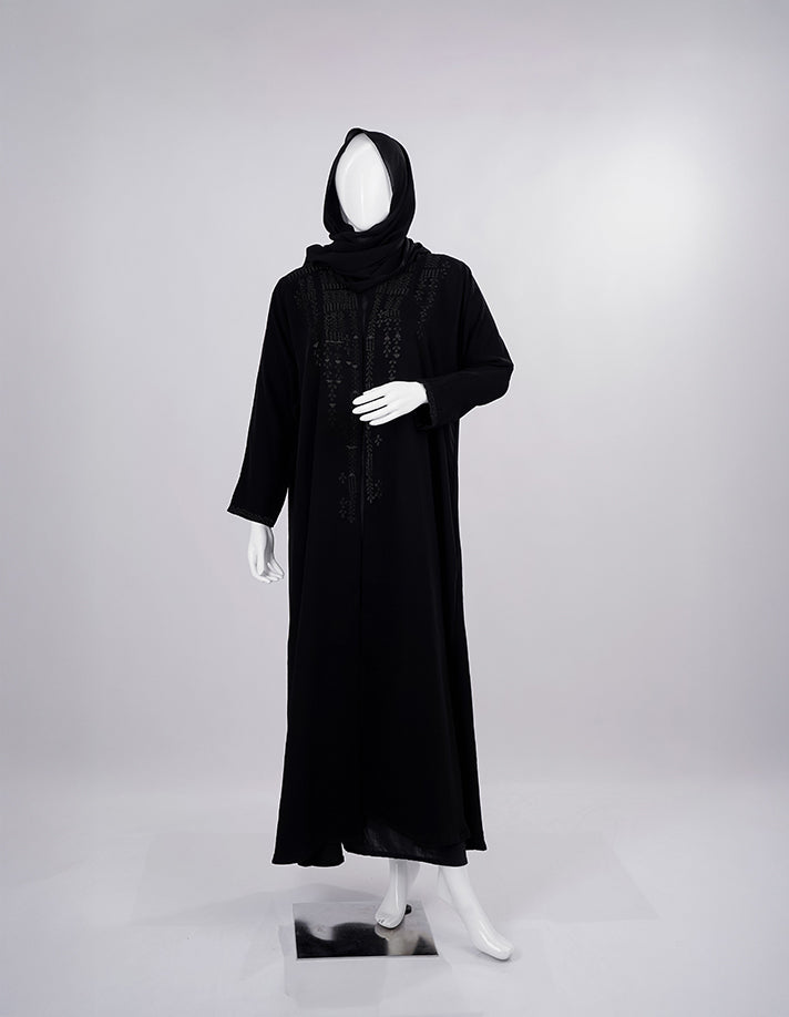Liara:Classic Black Abaya with Intricate Front Embroidery