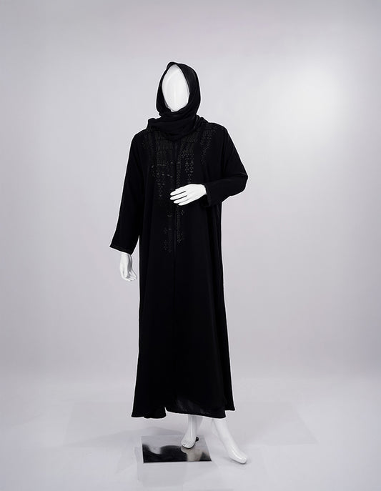 Liara:Elegant Black Abaya with Textured Sleeve Detailing