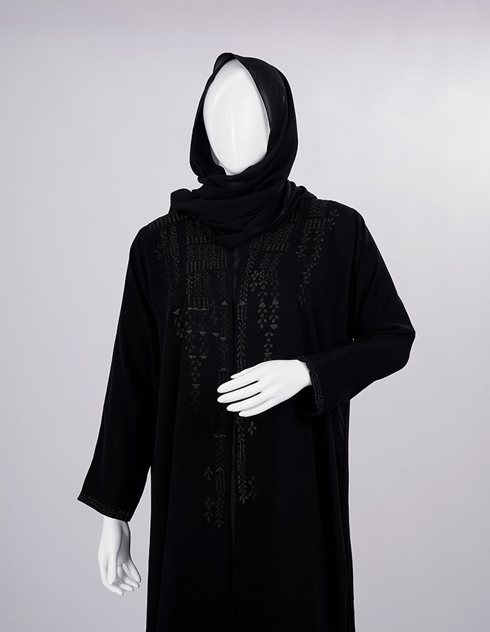 Liara:Classic Black Abaya with Intricate Front Embroidery