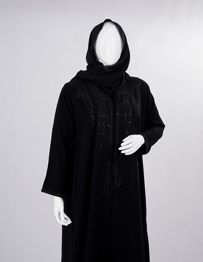 Liara:Classic Black Abaya with Intricate Front Embroidery