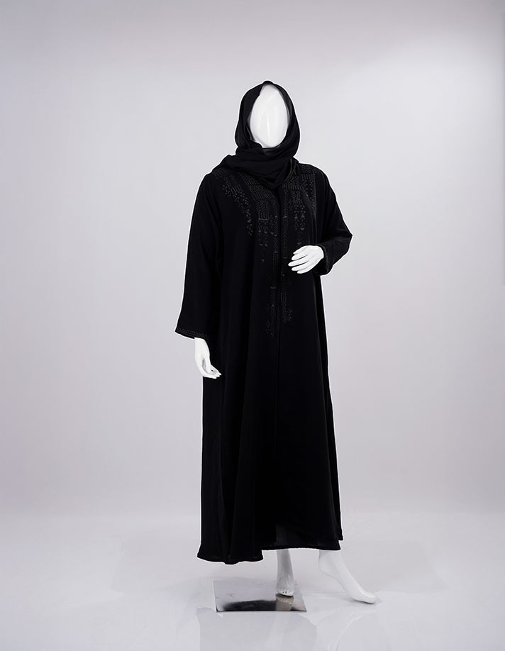 Liara:Classic Black Abaya with Intricate Front Embroidery