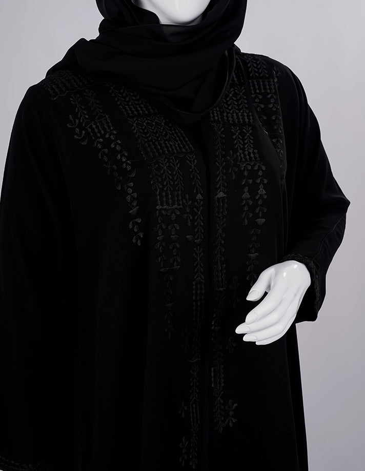 Liara:Classic Black Abaya with Intricate Front Embroidery