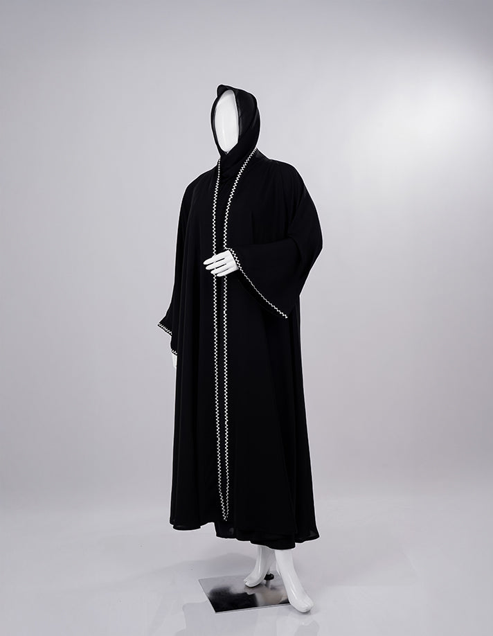 Liara:Black Hooded Abaya with White Zigzag Trim