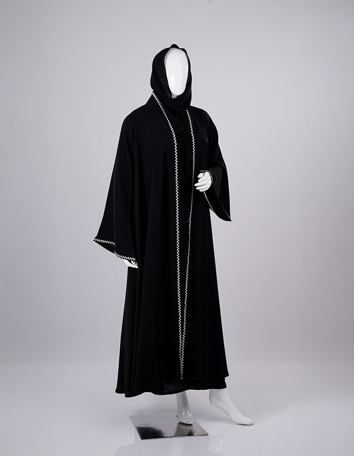Liara:Black Hooded Abaya with White Zigzag Trim