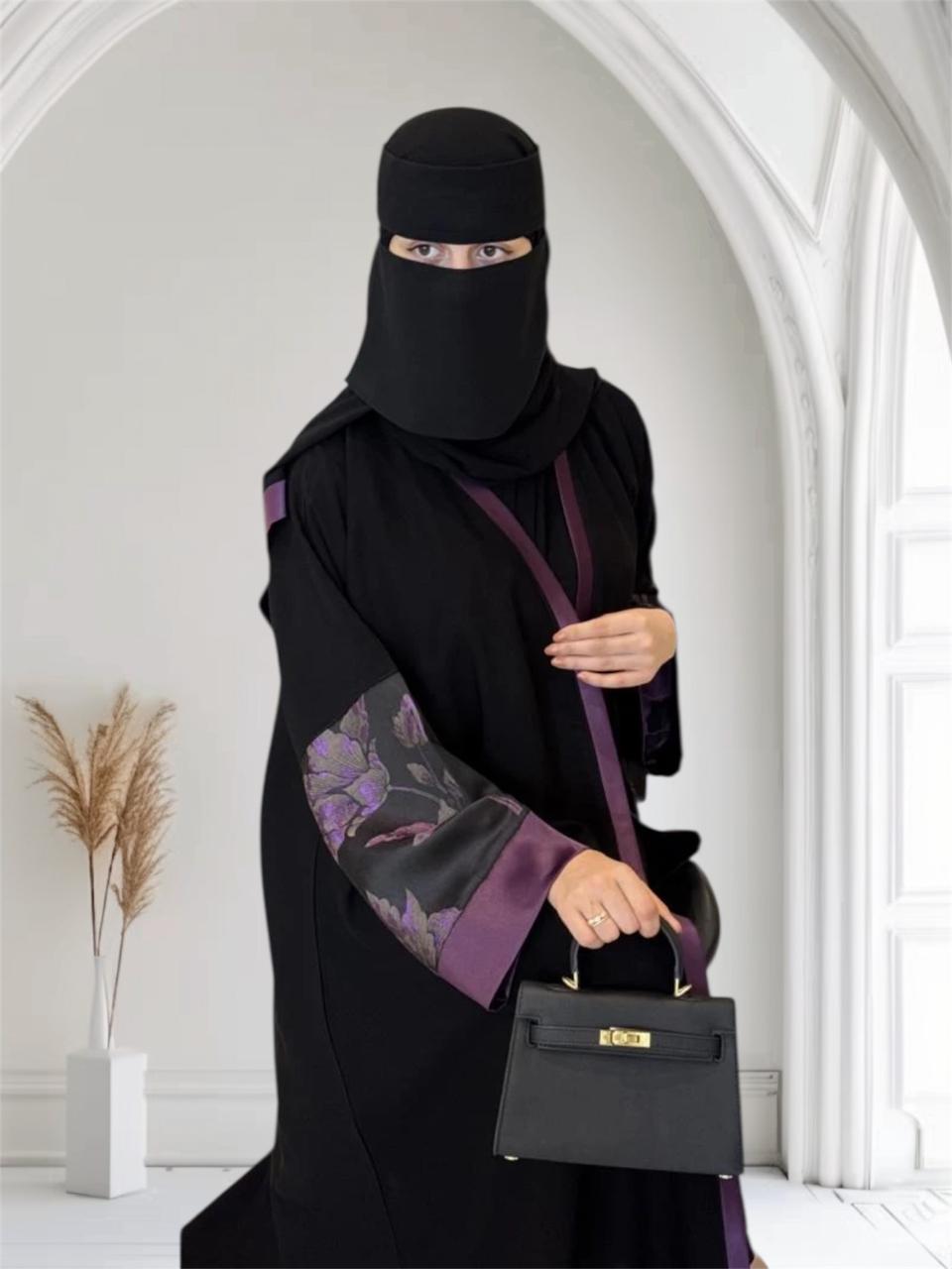 Liara “Elysia” Abaya – Black with Violet Floral Accents